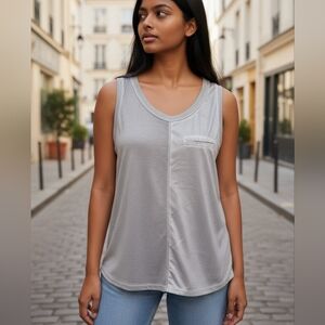 Silver Metallic Tank Shimmery Glitter Sleeveless Y2K Revival Top Pocket High Low